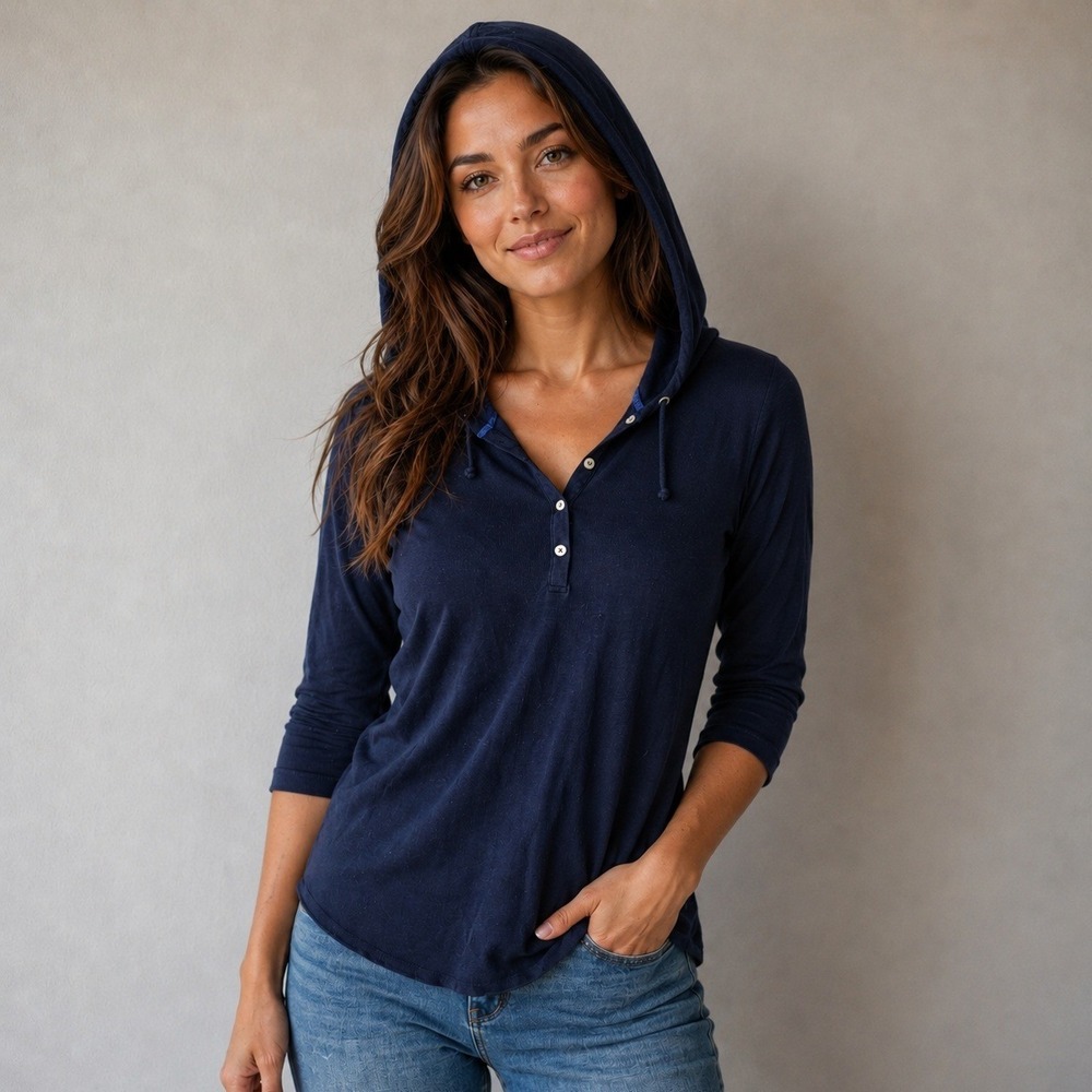 Polo‎ Jeans Ralph Lauren Navy Blue Knit Henley Hoodie Y2K 3/4 Sleeve size Large